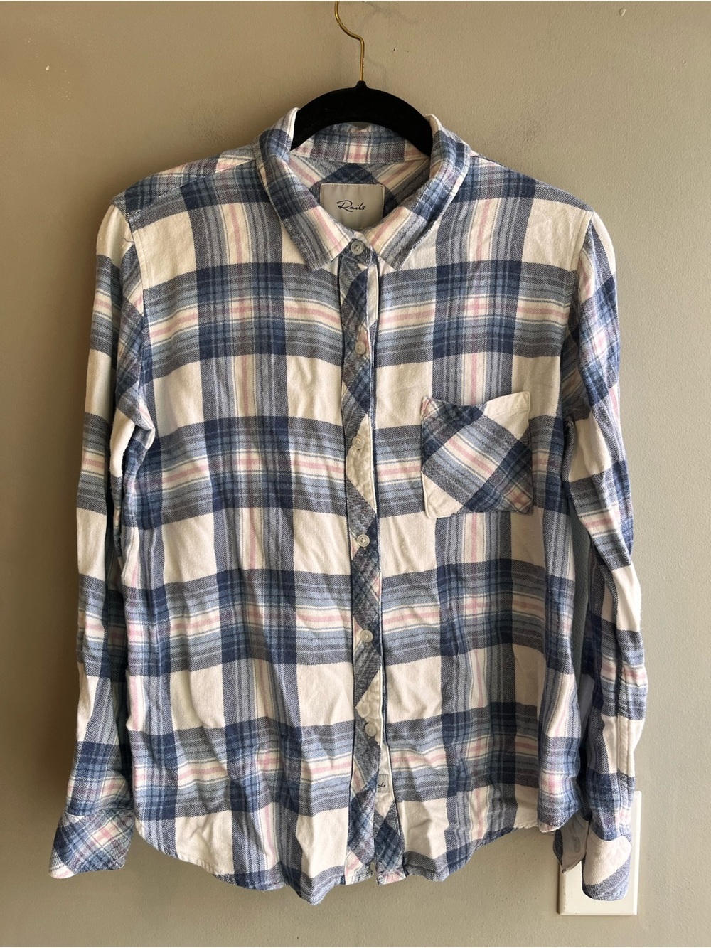 Rails Women’s Plaid Button-Down Shirt in Blue, White and Pink Medium